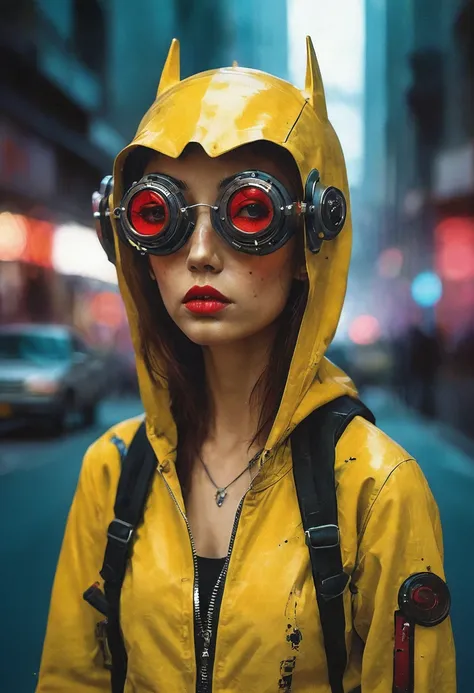 pop art By Conrad Roset and Alberto Vargas, vibrant yellow cyberpunk jacket, solo, batman, mechanical parts, portrait, dark-red liquids, tanktop, looking back, white eyes, monochrome, half face is made of technical parts and wires, large eerie linen hood, ...