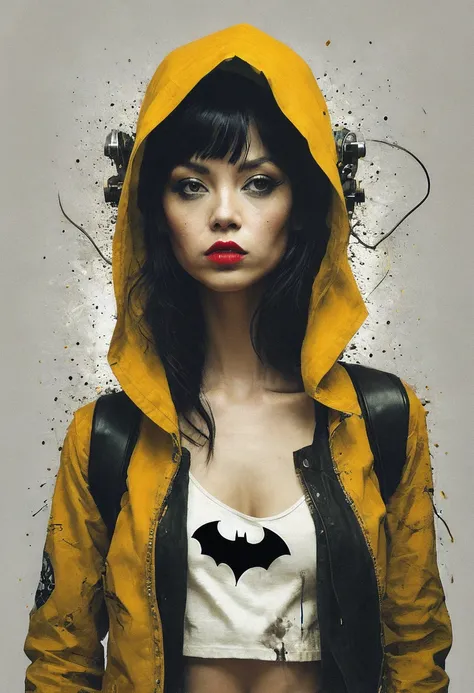 pop art By Conrad Roset and Alberto Vargas, vibrant yellow cyberpunk jacket, solo, batman, mechanical parts, portrait, dark-red liquids, tanktop, looking back, white eyes, monochrome, half face is made of technical parts and wires, large eerie linen hood, ...