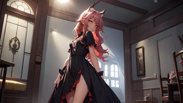 Best god quality, NO EXTRAS PEOPLE, no one in background, detailed, a dark room with moonlight shining in, no windows, dark bedroom, minimal lights, confident succubus girl, succubus in long dress, perfect anatomy, She is alone in a room at night, exposed ...