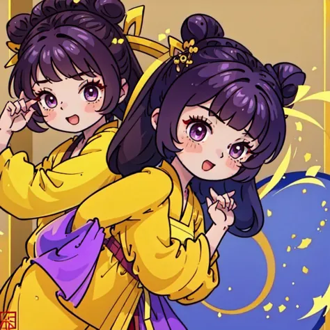 ((best quality, ancient china)), 1chica, brown fur ((bun hairstyle)) , purple eyes, yellow tunic ((completely yellow tunic))