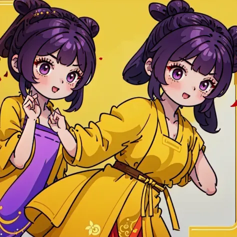 ((best quality, ancient china)), 1chica, brown fur ((bun hairstyle)) , purple eyes, yellow tunic ((completely yellow tunic))