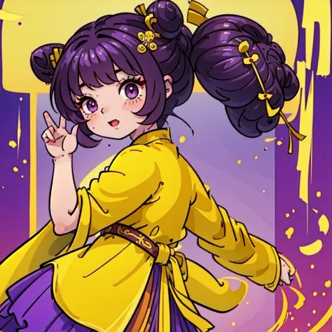 ((best quality, ancient china)), 1chica, brown fur ((bun hairstyle)) , purple eyes, yellow tunic ((completely yellow tunic))