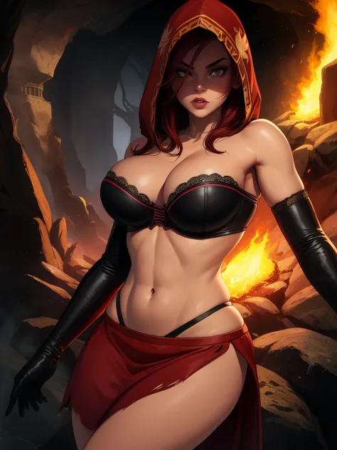 dsorceress, redhair, shadowy face,dark cave, fire, hood, shadowed face, strapless bra, slim and athletic body, miniskirt, no pan...