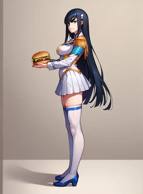 score_9, score_8_up, score_7_up, score_6_up, score_5_up, score_4_up , source_anime masterpiece,    satsukiklk, long hair, black hair, blue eyes, thighhighs,skirt, epaulettes, indoors, looking at viewer, holding burgers, burger in mouth, serious, from side,...