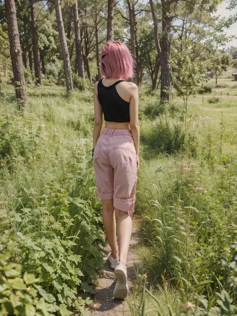 girl, 21 years old, short shoulder-length hair, pink hair color,  green shorts, black top