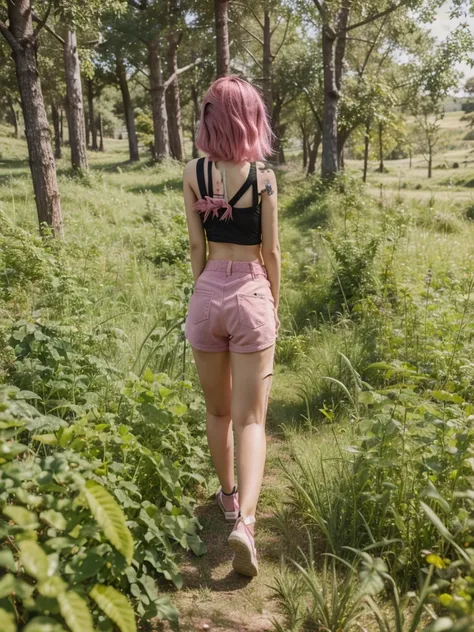 girl, 21 years old, short shoulder-length hair, pink hair color,  green shorts, black top