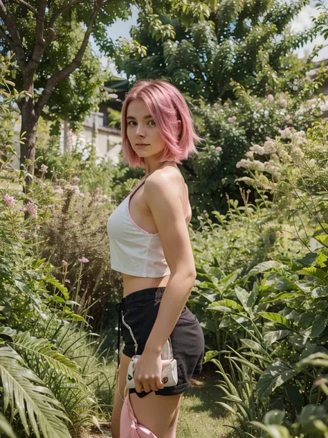 girl, 21 years old, short shoulder-length hair, pink hair color,  green shorts, black top