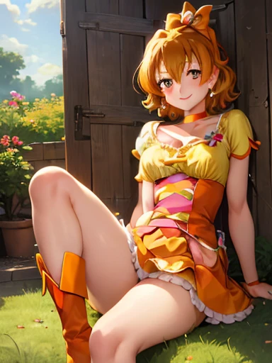 masterpiece, Highest quality, View your viewers, Depth of written boundary, smile,
One girl, Cure Pine, Pretty Cure, One side up, short hair, Hair Ribbon,  Frills, Short sleeve, Wrist cuff, Orange Choker, Orange boots, yellow_skirt,Sitting, Lift your legs,...