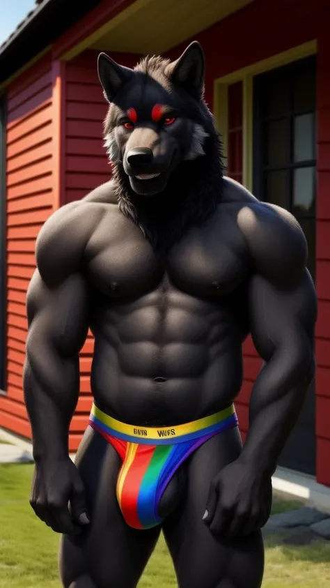 Spicy portrait of a furry wolf alone seductive smile wearing a sexy jockstrap si underwear lingerie With LGBT colors and no shirt looking at the viewer beautiful sexy red eyes muscular man a realistic house background outside outdoors hot and rough posing ...