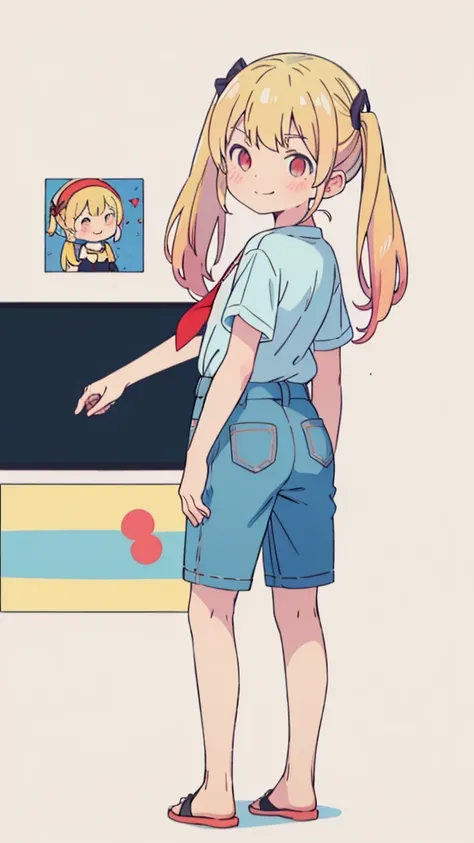 ((masterpiece))((Highest quality))girl、Smirk、blush、Flat Chest、Are thin、Blonde Hair、blush、Are standing、Whole body image、Eye level to the feet、、No background、Blue clothes、Hair is two colors、Twin tails、Red Eyes、Look back、Two-tone red and yellow hair