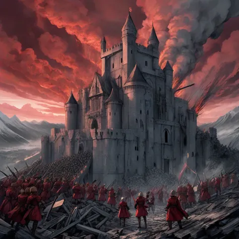 a destroyed castle, an army cheering for their victory, Berserk style, style of Kentaro Miura, monochromatic, manga, red sky, very grimy, very gloomy, extreme detailed, highest detailed, storm in the sky, fire around, mountains in the background, towers in...