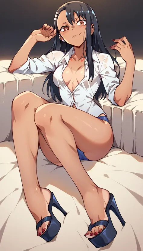 Hayase Nagatoro, White unbuttoned shirt, blue panties , clear open-toe platform high heels, red nails 