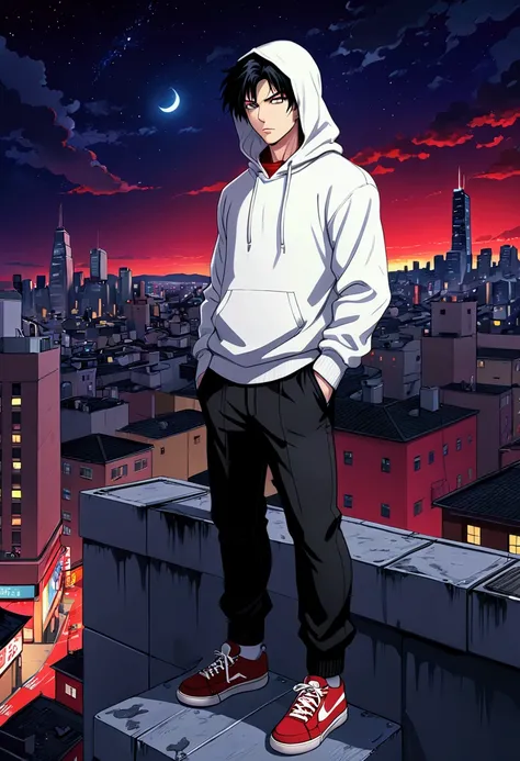 ((Work of art, 2000s anime style, 8K, super detailed)) 1 man, white skin, black hair, on top of a building, face covered by the hood of a white sweater, black pants, red sneakers, city scene at night in the background.