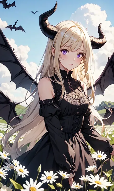 1girl,in a field of flowers,white flower,looking at viewer,purple eyes,blonde hair,daisy,long hair,demon, black horns, black wings, bat eings, black dress, with a white unicorn