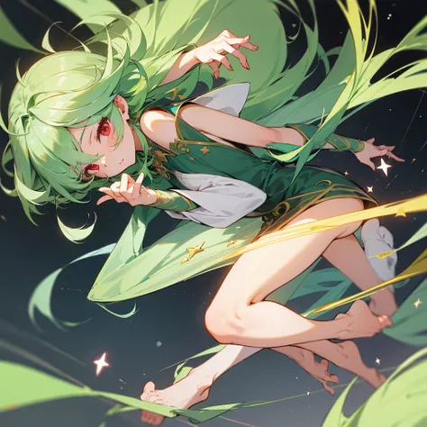 high resolution, shorth hair, Eyes red, aretes, sheen, stele, pretty, hair green, star accessories, sleepy eyes, only one girl, full body, body anatomy, perfect 5 fingers only,独奏, green hair,red eyes.