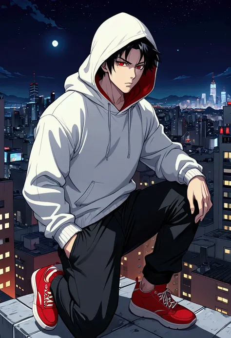 ((Work of art, 2000s anime style, 8K, super detailed)) 1 man, white skin, black hair, on top of a building, face covered by the hood of a white sweater, black pants, red sneakers, city scene at night in the background.