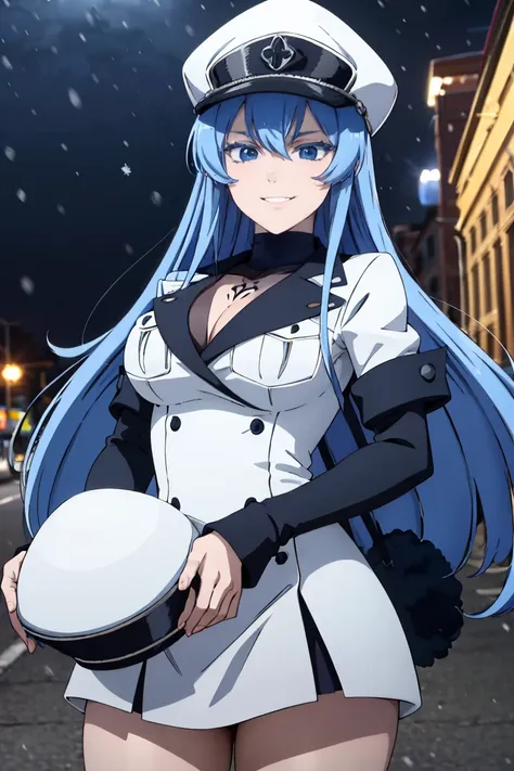 (artwork, best quality) a girl with long blue hair, blue eyes, blue eyelashes, tattoo, big breasts, white sweatshirt with a fluffy hat, (front facing camera), upset, smiling evilly, on a street in Russia, snowing heavily, at night