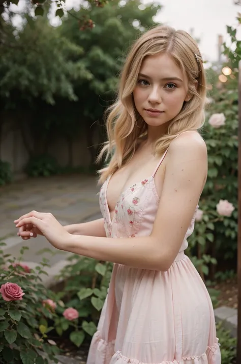 8k, RAW photo, Fujifilm, style photo of a beautiful young woman as avril in a garden of light pink roses (highly detailed skin: 1.2) Style-Petal BREAK short hair, blonde hair with colored locks, wearing a dress, film granulation, 35mm, cute style