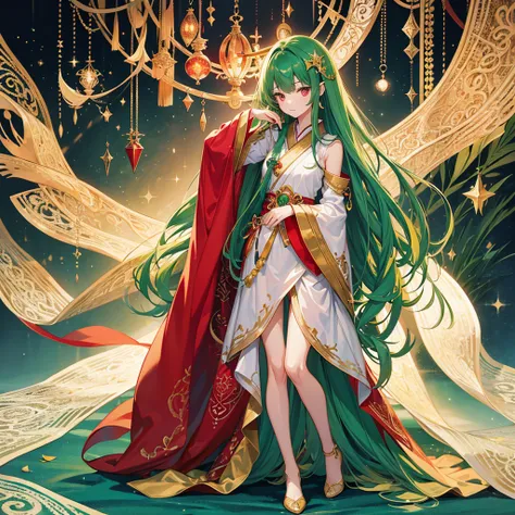 high resolution, shorth hair, Eyes red, aretes, sheen, stele, pretty, hair green, star accessories, sleepy eyes, only one girl, full body, body anatomy, perfect 5 fingers only,独奏, green hair,red eyes.