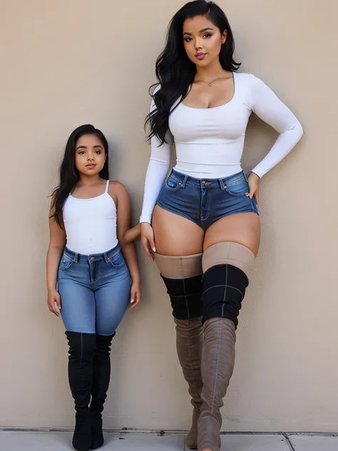 (Curvy:1.8), latina, (one person), (straight black hair), (wearing skin tight jeans:1.4), (thigh high boots:1.4), (tan skin:1.4, (wide hips), (thick thighs:1.6)