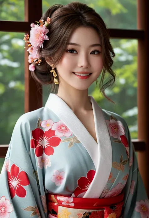 whole body, highest quality, figure, Very detailed, In detail, High resolution, 8k wallpaper, Perfect dynamic composition, Beautiful fine details, Flower pattern kimono,Medium Hair, Center of chest, Natural color lip, Random sexy poses,smile,Morning Shrine...