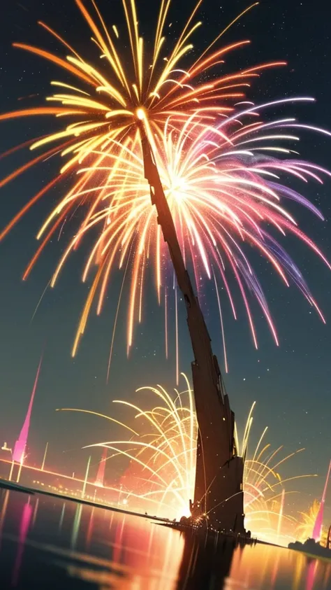 Create an image of a vibrant fireworks display against a night sky, with multiple bursts of different colors such as blue, pink, green, and yellow. The fireworks should be in various stages of explosion to show a dynamic range. Include reflections on a bod...