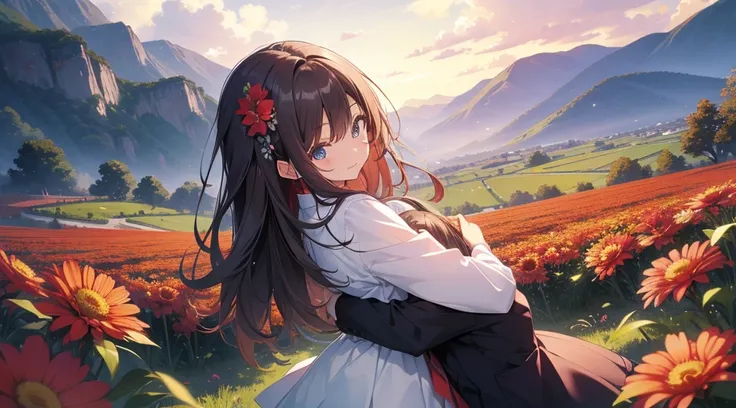 (Highest quality、detailed、Masterpiece、８K)、(２Cute girl)、((Hugging from behind))、Redness、high school girl、Flower Field