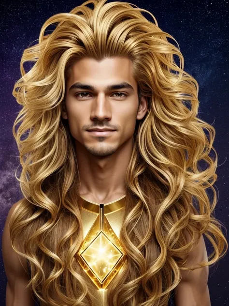 Create a man with unique characteristics, inspired by the sign of Leo and the cosmological stars An artistic representation of the essence of this sign, with striking features and a mysterious aura, leave in evidence golden traces of gold and golden lights...