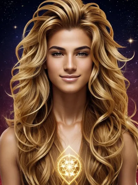 Create a man with unique characteristics, inspired by the sign of Leo and the cosmological stars An artistic representation of the essence of this sign, with striking features and a mysterious aura, leave in evidence golden traces of gold and golden lights...