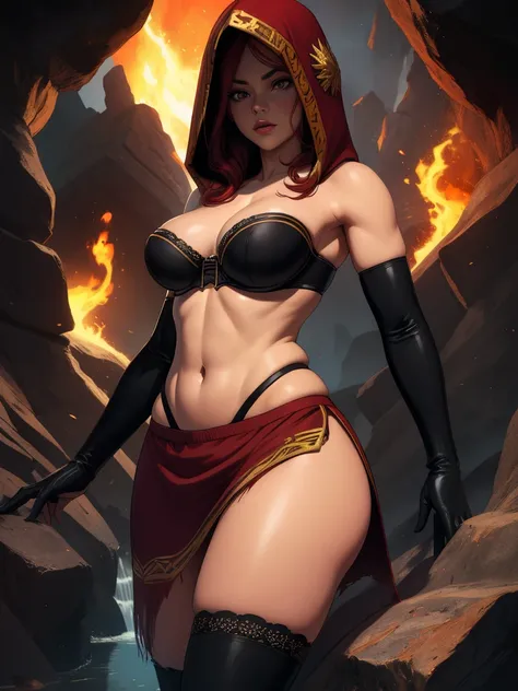 dsorceress, redhair, shadowy face,dark cave, fire, hood, shadowed face, strapless bra, slim and athletic body, miniskirt, no pan...