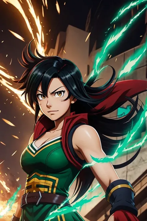 Screenshot of my hero academia, black haired girl dresses as maya,has a feathered serpent , She has red and green eyes and is tough.