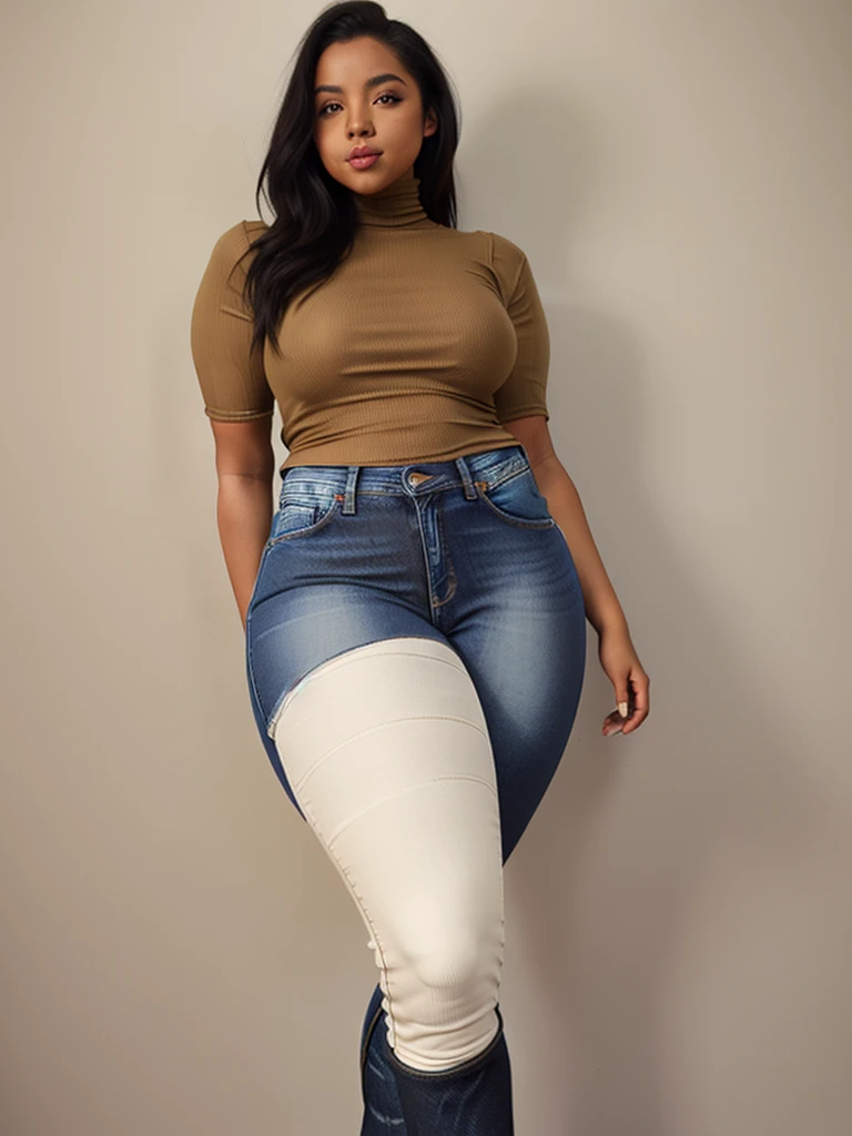 (Curvy:1.8), latina, (one person), (straight black hair), (wearing skin tight jeans:1.4), (thigh high boots), (tan skin:1.4, (wide hips), (thick thighs:1.6)