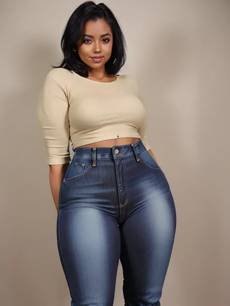 (Curvy:1.8), latina, (one person), (straight black hair), (wearing skin tight jeans:1.4), (thigh high boots), (tan skin:1.4, (wide hips), (thick thighs:1.6)