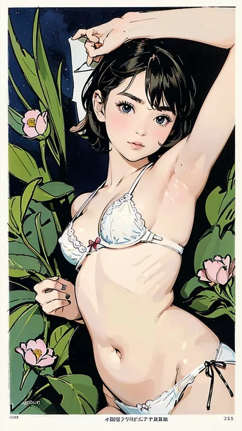 masterpiece、Highest quality、Amazing details、Detailed Background、Line art、Written boundary depth、Flat Shading、Mucha style、Art Nouveau、Botanical Art、Flower Art、Surrounded by many flowers、、girl、15 years old、White underwear、White bra、Vintage Color、colorful、Ana...