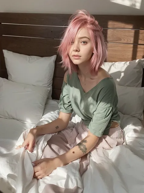 girl, , short shoulder-length hair, pink hair color, 