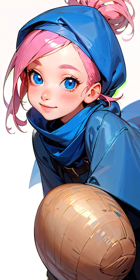 realistic, 1 girl, full height, big bright blue eyes, Fair smooth skin, pink hair tied up in a neat hairstyle, small nose slightly potato, blue coat, blue scarf with red veins, smile, easy and friendly, White background, (masterpiece), Best quality, happy,...