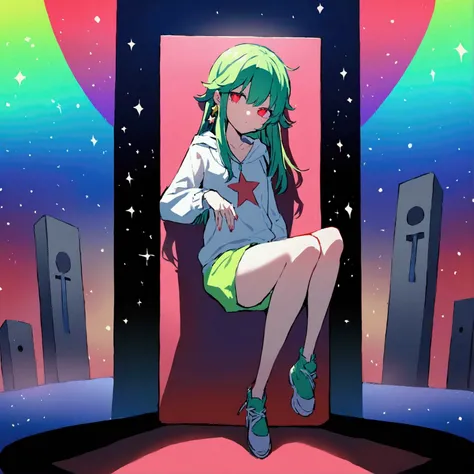 high resolution, shorth hair, Eyes red, aretes, sheen, stele, pretty, hair green, star accessories, sleepy eyes, only one girl, full body, body anatomy, perfect 5 fingers only, Two legs, red eyes, pretty face, sparkles, star, teenager.