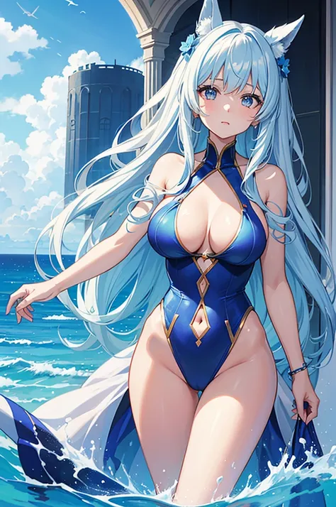 Rimuru Tempest, in its feminine form 1.90 meters with O cup breasts and shapely legs, She wears a blue swimsuit that accentuates her imposing and elegant figure. He&#39;s hugging Izuku Midoriya, who with his average height of 1.66 meters, Thin but athletic...