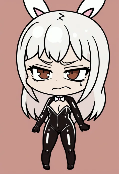 1girl with long white hair, brown eyes, erotic latex bunny suit, disgust on face, chibi style, simple background, full standing