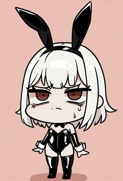 1girl with long white hair, brown eyes, erotic latex bunny suit, disgust on face, chibi style, simple background, full standing