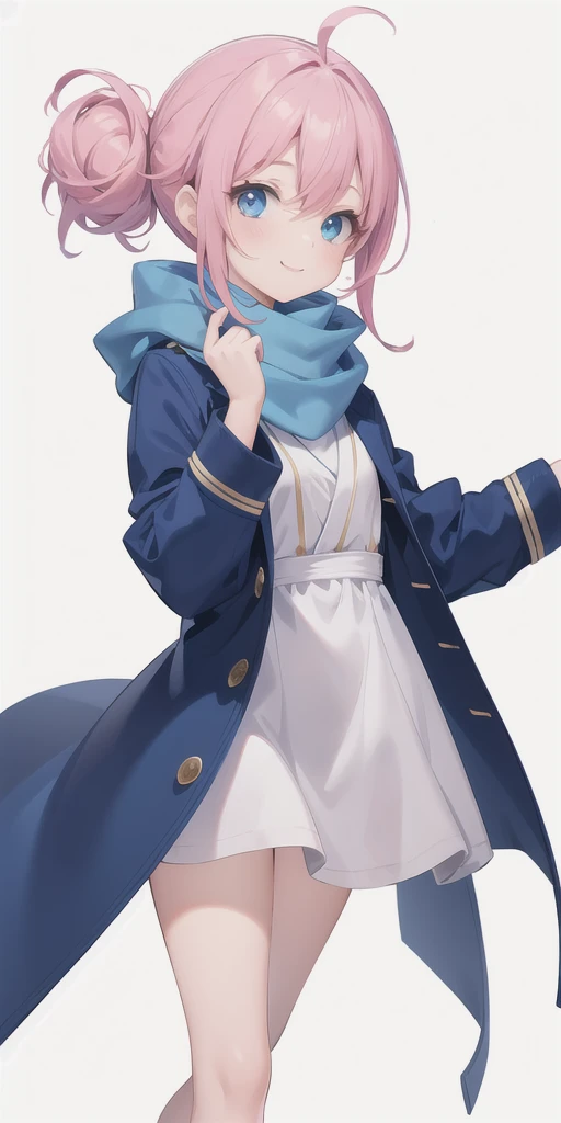 1 girl, full length, big bright blue eyes, Fair smooth skin, pink hair tied up in a neat hairstyle, small nose slightly potato, blue coat, blue scarf with red veins, smile, easy and friendly, White background, (masterpiece), Best quality, happy, friendly