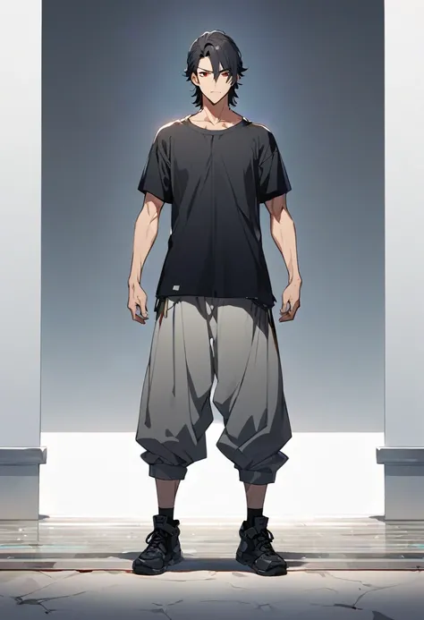 A anime man, black short hair, mullet haircut split in the middle, red eye, wearing a gray baggy pants, black thermal t-shirt, wearing a black shoe. standing, full body, adult, slightly muscular body, blank scenery