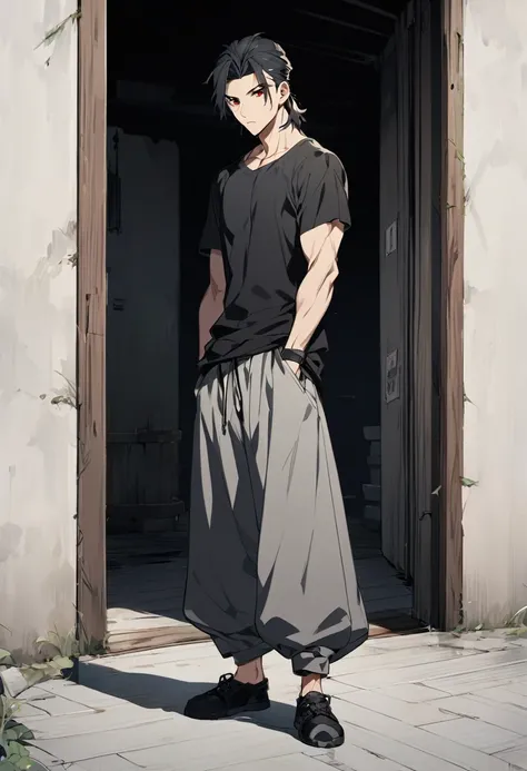 A anime man, black short hair, mullet haircut split in the middle, red eye, wearing a gray baggy pants, black thermal t-shirt, wearing a black shoe. standing, full body, adult, slightly muscular body, blank scenery