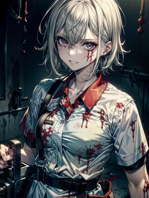 ((blood)), ((blood splatter)), ((blood on clothes)), ((blood stain)), hospital, (nurse uniform), (have a chainsaw), (zombie), absurdres, RAW photo, extremely delicate and beautiful, masterpiece, Best Quality, ultra high resolution, 32k, hyperrealistic, ult...