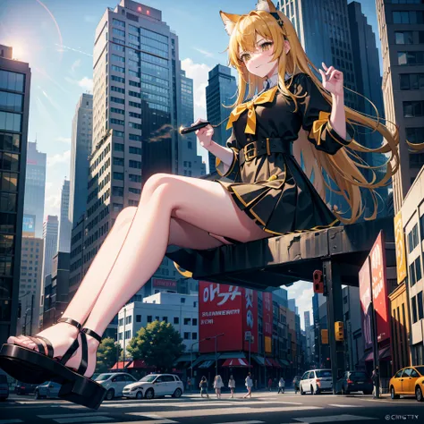 GTS, giantess, Cats ears, light frown, looking to the down, heaven, loose yellow shirt, black skirt, blocking sun, sandals, trampling, destruction, collapsing building,Gtscity,cityscape, sitting in middle of rush hour,overcast