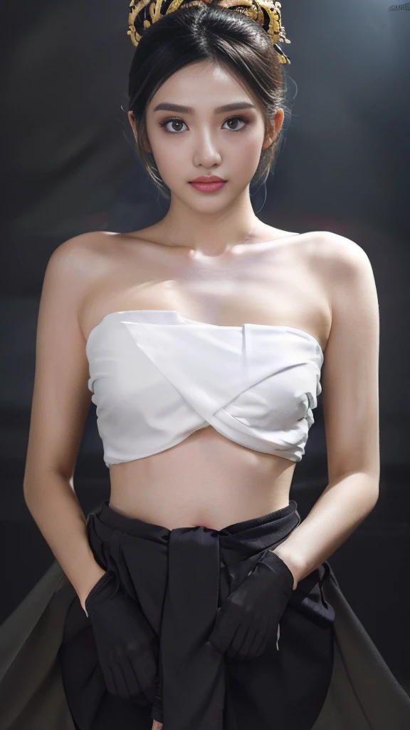 Masterpiece, Highest quality, HDR, high contrast,    ((beautiful girl, Thai female soldier)),   Bun hair,  Highly detailed lips,     Detailed eyes,     Double eyelids,    Makeup.    

((Thai Fluke Set, Strapless shirt)),

((dark background))