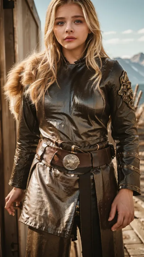 Masterpiece, Best quality, (photorealistic1.4), (UHD), (big breast), , (epiCRealLife:1.0), (flashphoto), (flash photography), (night time), (chl03gm), (Chloe Grace Mortez wearing Viking armor), (VikAr costume), (cowboy shot)