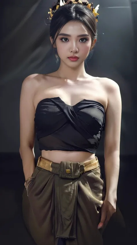 Masterpiece, Highest quality, HDR, high contrast,    ((beautiful girl, Thai female soldier)),   Bun hair,  Highly detailed lips,     Detailed eyes,     Double eyelids,    Makeup.    

((Thai Fluke Set, Strapless shirt)),

((dark background))