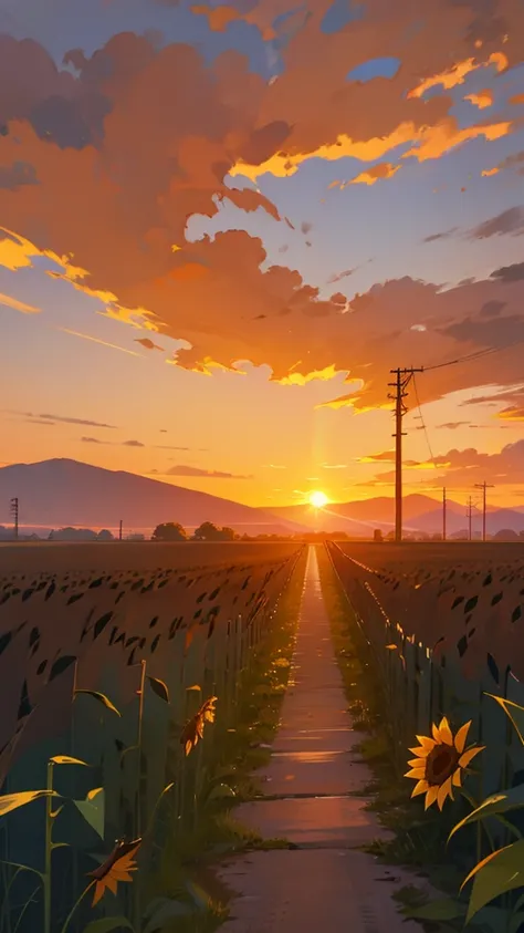 Create an image of a scenic sunset view where the sun is setting on the horizon, casting a warm glow across the sky with clouds scattered above. In the foreground, theres a field of sunflowers with some green foliage, and in the midground, theres a road ru...