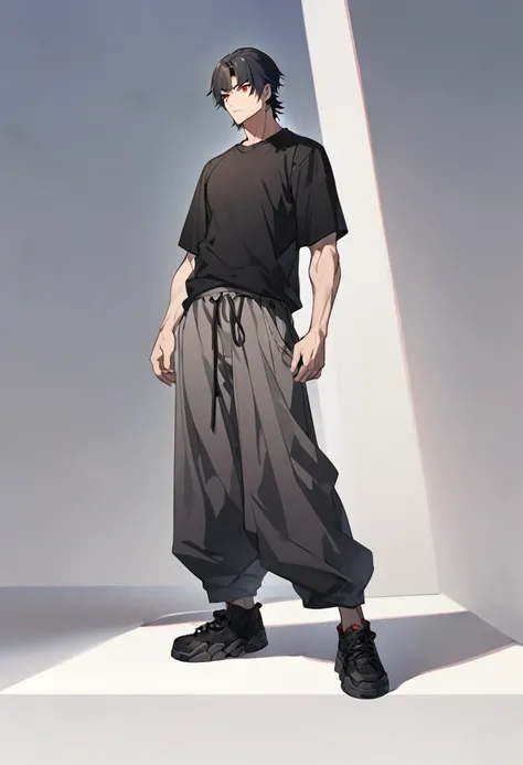 A anime man, black short hair, mullet haircut split in the middle, red eye, wearing a gray baggy pants, black Tight T-shirt , wearing a black shoe. standing, full body, adult, slightly muscular body, blank scenery